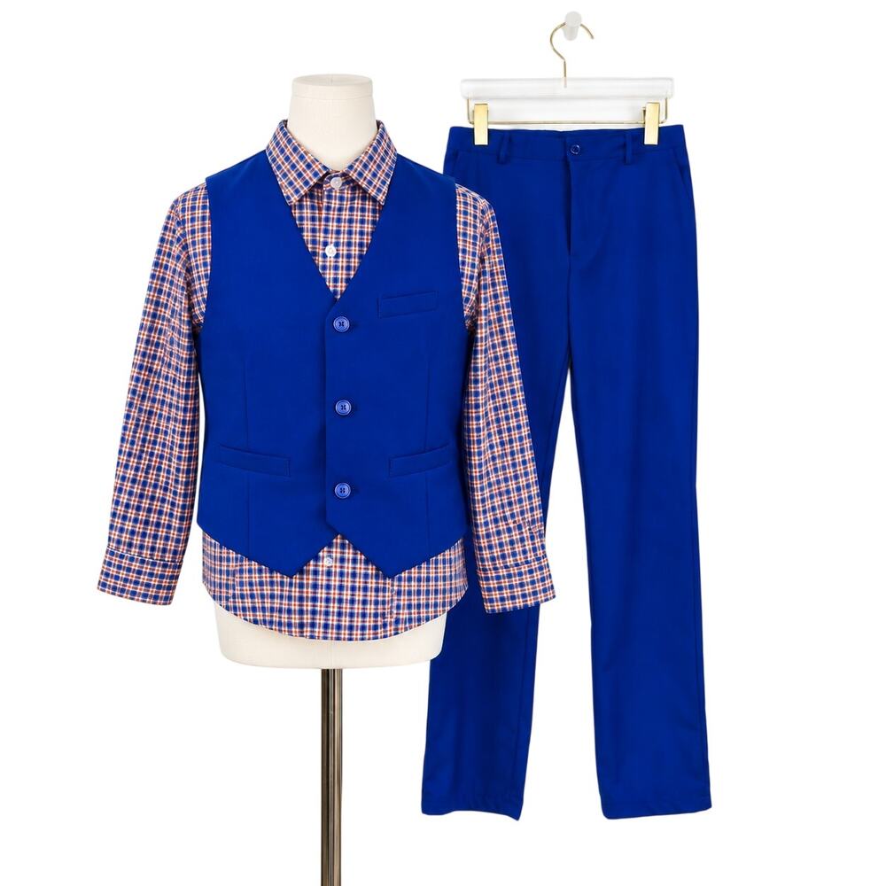YuanLu Boys Royal Blue 3 Piece Formal Suit Tuxedo Vest Pants Dress Shirt Size 14